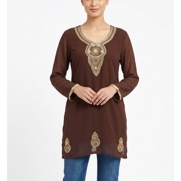 Tops - Brown Indian  Embellished V-Neck Tunic with Gold Beading Top